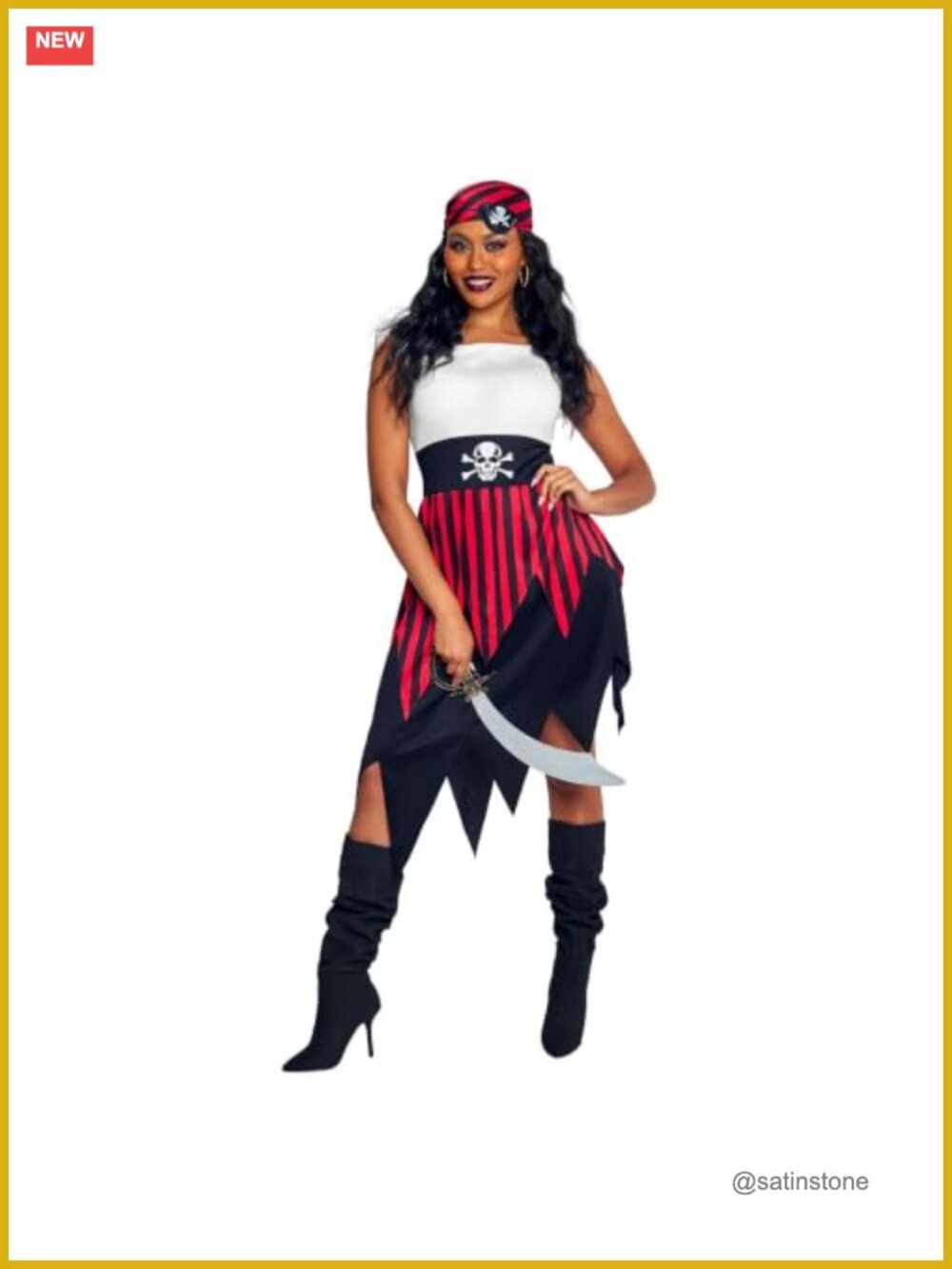 Pirate Costume Women Layered Dress Bandana Eye Patch Halloween Party Outfit